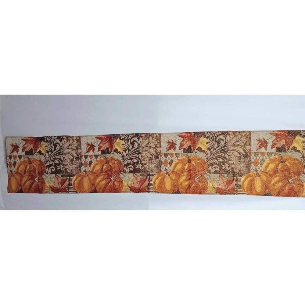 Halloween Autumn Pumpkin Table Runner Woven Tapestry Fall Leaf Gold Glitter 70"